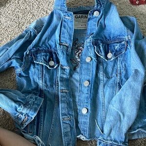 Garage Embroidered Patch Flower Cropped Distressed Denim Jean Jacket